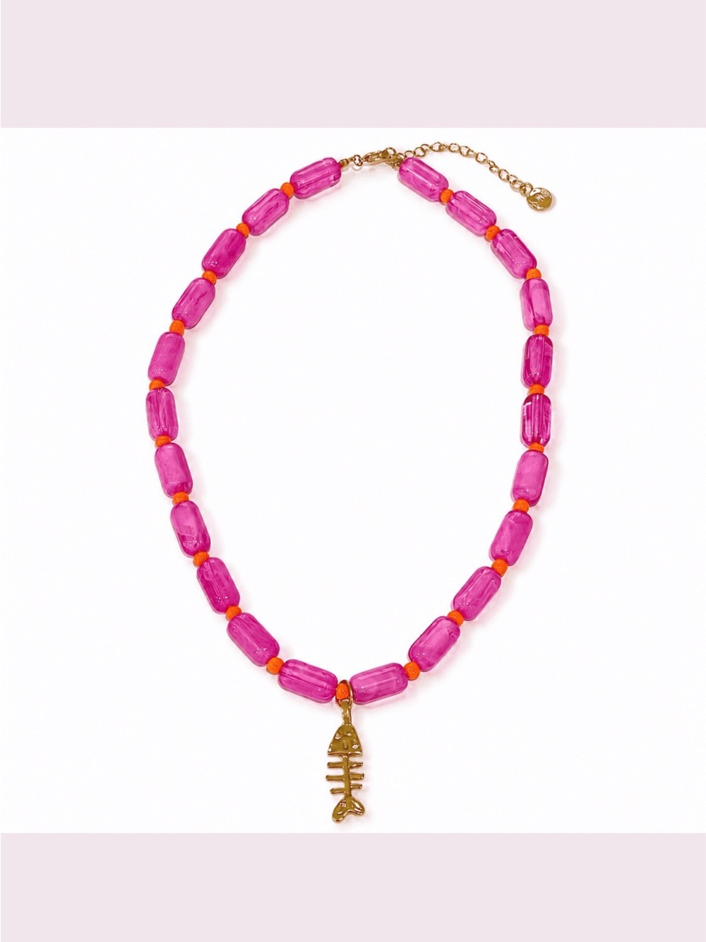 Mayamar Vibrant Pink Orange Beaded Necklace with 24k Gold Dipped Fishbone Charm